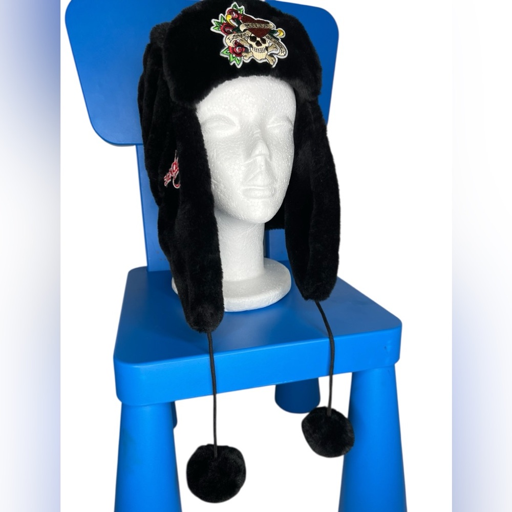 Ed Hardy Women's Trapper Hat Black Faux Fur Pompoms Love Kills Skull|